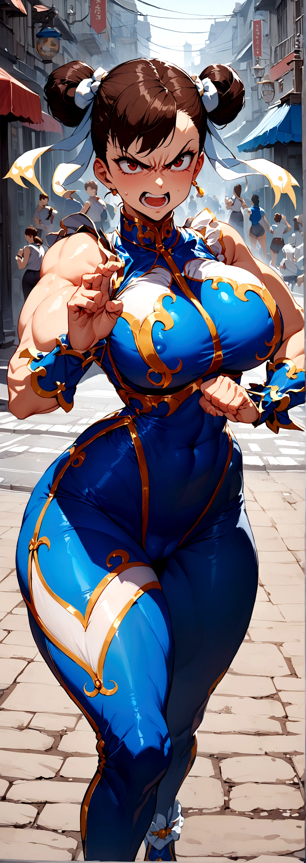 Chun Li, woman solo, hourglass body, large breast, tight outfit, at the street, masterpiece, high detail, fighting pose, angry face