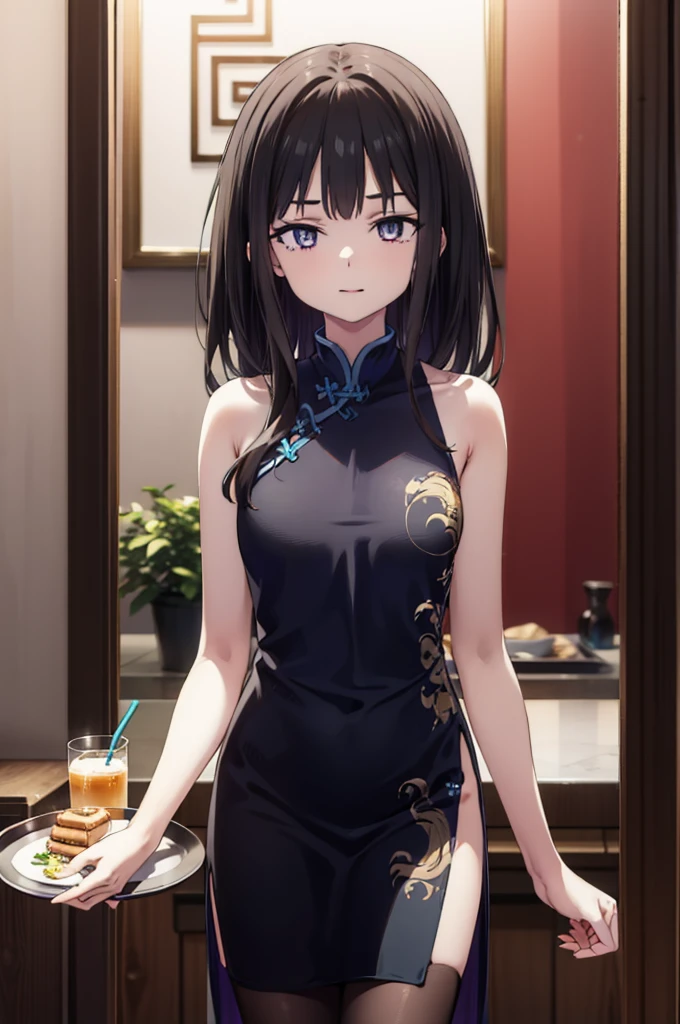 Takiuchi, Check it out, Long Hair, bangs, Black Hair, (Purple eyes:1.2),happy smile, smile, Close your mouth,
Sleeveless blue Chinese dress,Blue long slit,Black pantyhose,Stiletto heels,Glasses,Tables and chairs, food, drink, tray, tray in one hand,whole bodyがイラストに入るように,crowd, people々々,
break indoors,Chinese style coffee shop,
break looking at viewer, whole body,
break (masterpiece:1.2), Highest quality, High resolution, unity 8k wallpaper, (shape:0.8), (Fine and beautiful eyes:1.6), Highly detailed face, Perfect lighting, Highly detailed CG, (Perfect hands, Perfect Anatomy),
break outdoors, city,
break looking at viewer, (Cowboy Shot:1.5),
break (masterpiece:1.2), Highest quality, High resolution, unity 8k wallpaper, (figure:0.8), (Beautiful attention to detail:1.6), Highly detailed face, Perfect lighting, Highly detailed CG, (Perfect hands, Perfect Anatomy),