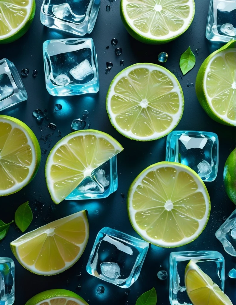 quality(8k wallpaper of extremely detailed CG unit, ​masterpiece, hight resolution, top-quality, top-quality real texture skin,hyper realisitic, digitial painting,increase the resolution,RAW photos，best qualtiy,highly detailed,the wallpaper),BREAK,8K, glase, filled with sparkling water, ice cubes on black table , lime, blue background 