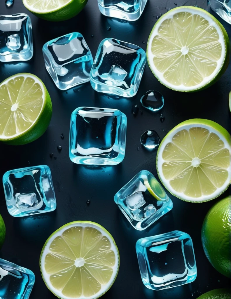 quality(8k wallpaper of extremely detailed CG unit, ​masterpiece, hight resolution, top-quality, top-quality real texture skin,hyper realisitic, digitial painting,increase the resolution,RAW photos，best qualtiy,highly detailed,the wallpaper),BREAK,8K, glase, filled with sparkling water, ice cubes on black table , lime, blue background 