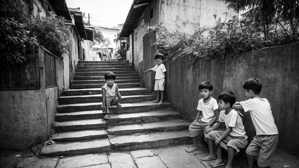1930s, monochrome photography, Southeast Asian street Children, stairs, outdoors, slam, (the leader boy is in the center with his arms crossed), 32K, Best quality, Masterpiece, super detail, High Details,