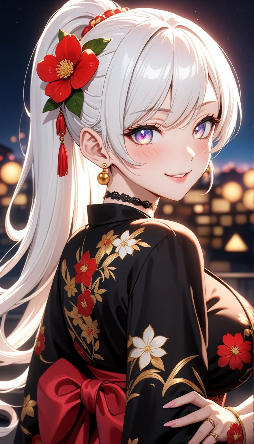 ((One personの女性)), Beautiful Face, (smile shyly), (Laughing embarrassedly), ((Wink:1.9)), Laugh with your mouth wide open,((Bright red cheeks:1.4)),Shiny red lips,night, rooftop, firework, Glossy pink lips,Facial lighting,((Anime style background)),masterpiece, Highest quality, so beautiful,up to date, Complex details, (Pink long nails), (ring),(bracelet),(choker),AI-generated, Complex,High resolution, Highest quality, super high quality,3D Images、3D Images, looking at viewer, One person,Long white hair,High Ponytail,(blue eyes),Anime woman posing for a photo, ((Fine grain、Silvery white colorful eyes、Shining Eyes:1.4)),(Squint your eyes:1.1),a hyperRealistic , hyperRealistic , Realistic,Anime woman with long white hair, Smooth anime CG art, A woman in a colorful kimono with gold embroidery, (Black long sleeve kimono),Red floral pattern,Long flower hair ornament,Earrings,Mature Body,(Big Breasts:1.1),Tall,Abdominal muscles,Narrow waist,(Zoom up to face), ((looking back)),
