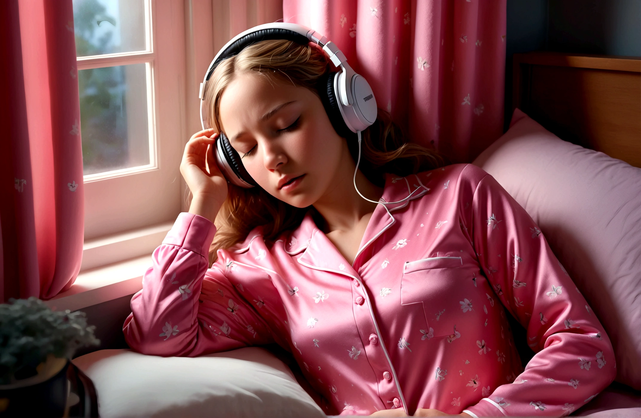 Portrait of a 1girl, eyes closed, sleeping, pink pajamas, headphones, bedroom, night, window opened, cinematic lighting, photorealistic, 8k, hyper detailed, intricate details, (best quality:1.2), (realistic:1.37), (masterpiece:1.2)