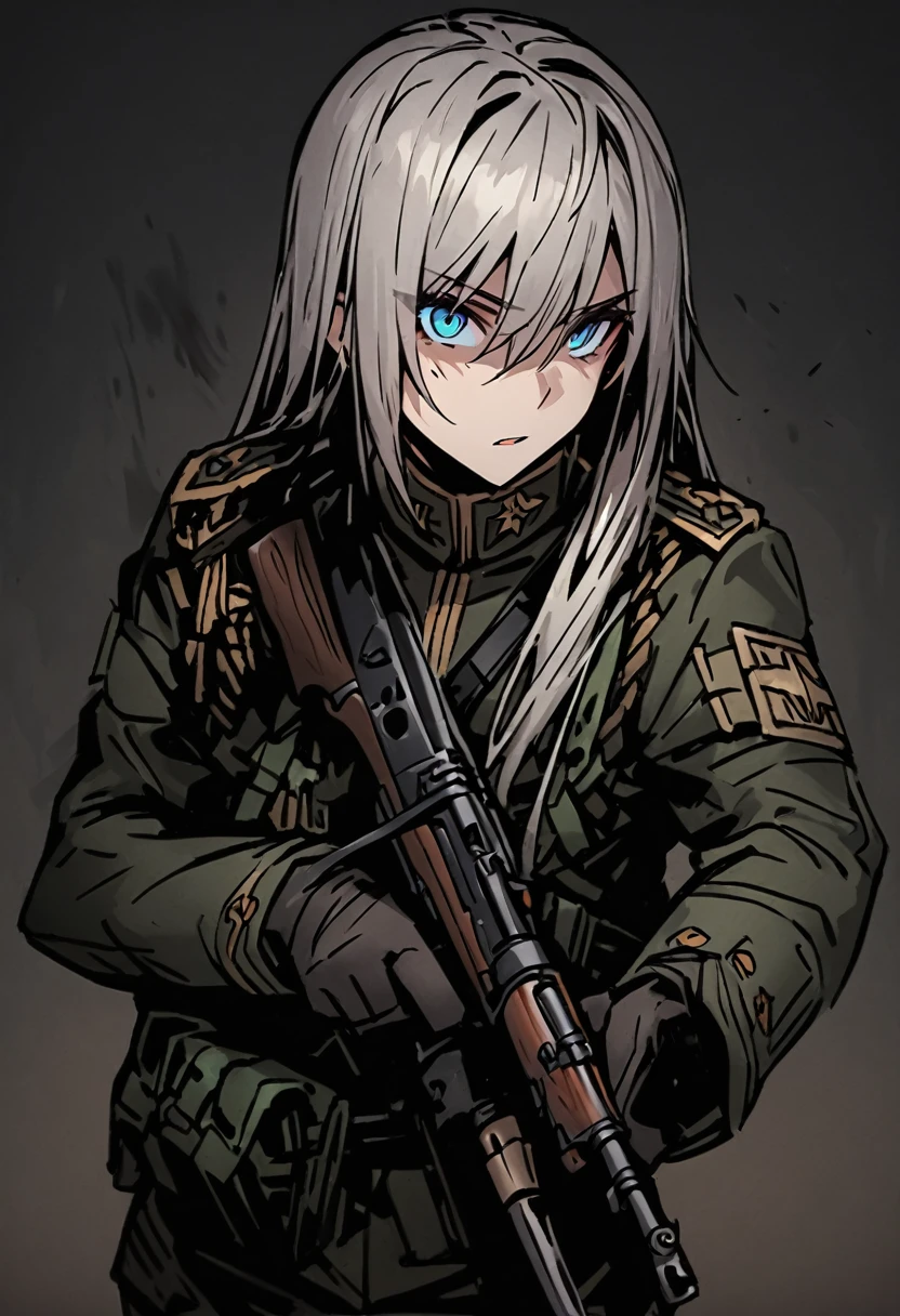 masterpiece, best quality, 1 boy, Cowboy shooting, exquisite eyes, Uniform,  AK 47, AKM, Kalashnikov_rifle, assault_rifle, Keep_gun