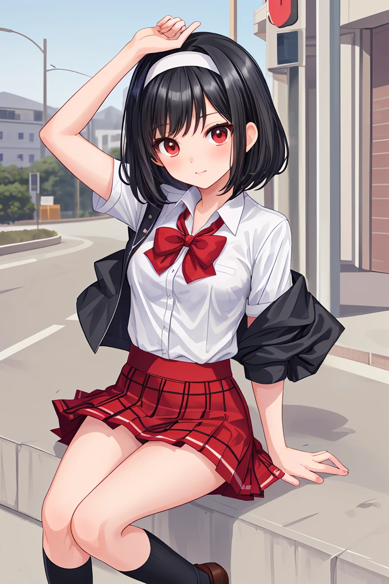 high school girl uniform White blouse Red checked mini skirt White knee-high socks Black Hair Shortcuts hair band