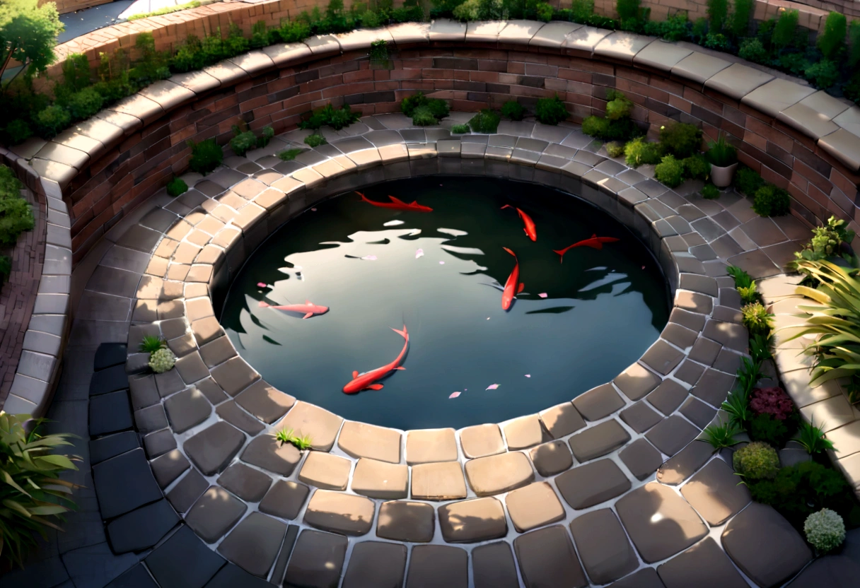 Two rectangular koi ponds, in the middle a brick bench and a bridge area, the koi ponds are connected, aerial view, Outdoor koi pond surrounded by zen garden with a brick bench in the middle and brick bridges