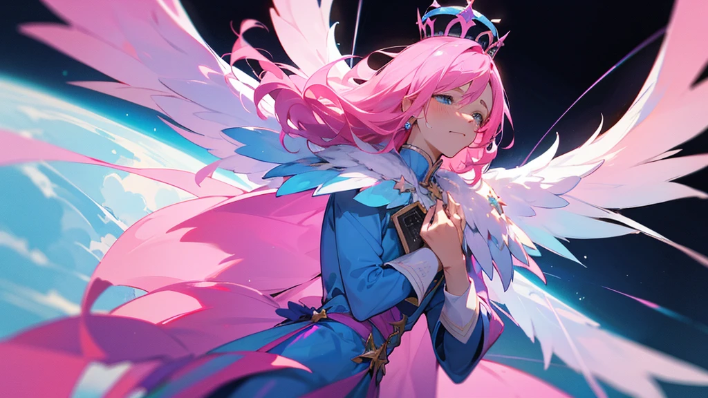A man with pink hair and blue stars. His face was hopeless and crying. He was tall and thin, wearing a blue and pink divine outfit, blue and pink trousers, and a crown. There are white and black god wings. in mobile phone globe

