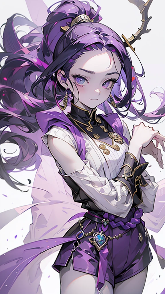 cheerful boy aristocrat open forehead. dark purple hair braided in a ponytail on the left side to one side. sinuous black horns wrapped in dark purple ribbon. pale violet eyes. in short dark purple shorts. long white T-shirt. dark purple knee-high socks. a white long robe with a hood flutters in the wind. black ancient stone walls of the castle purple light from lamps with gold ornaments, heterochromia, long curly hair, pale skin, I look at the viewer, closed mouth, bright smile, Beautiful, extremely detailed eye, Absolutely amazing art, extremely detailed, Digital art of the highest quality, full length, old piano, ancient walls of a stone castle