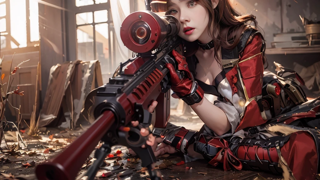 (Modify hair only、Face)Reddish-brown hair,Long curly hair,high ponytail,red headdress,red eyes,red eye,red pupils,Delicate and detailed eyes,sparkling eyes,Automatic Rifle