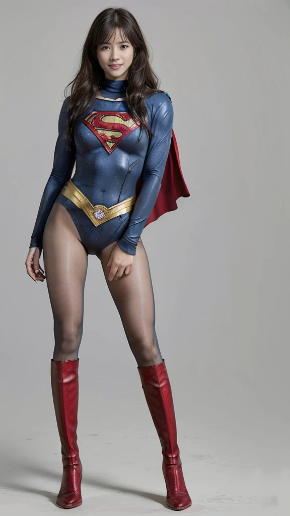No background、(((Beautiful legs in black tights.)))、(((Legally express the beauty of your smile)))、((((Make the most of your original images)))、(((Supergirl Costume)))、(((Beautiful very short hair)))、(((suffering)))、(((Please wear black tights....、Wear red boots)))、((Best image quality、8K))、((Highest quality、8K、masterpiece:1.3))、(((Preserve background )))、Sharp focus:1.2、Beautiful woman with perfect figure:1.4、Slim Abs:1.2、Wet body:1.5、Highly detailed face and skin texture、8K
