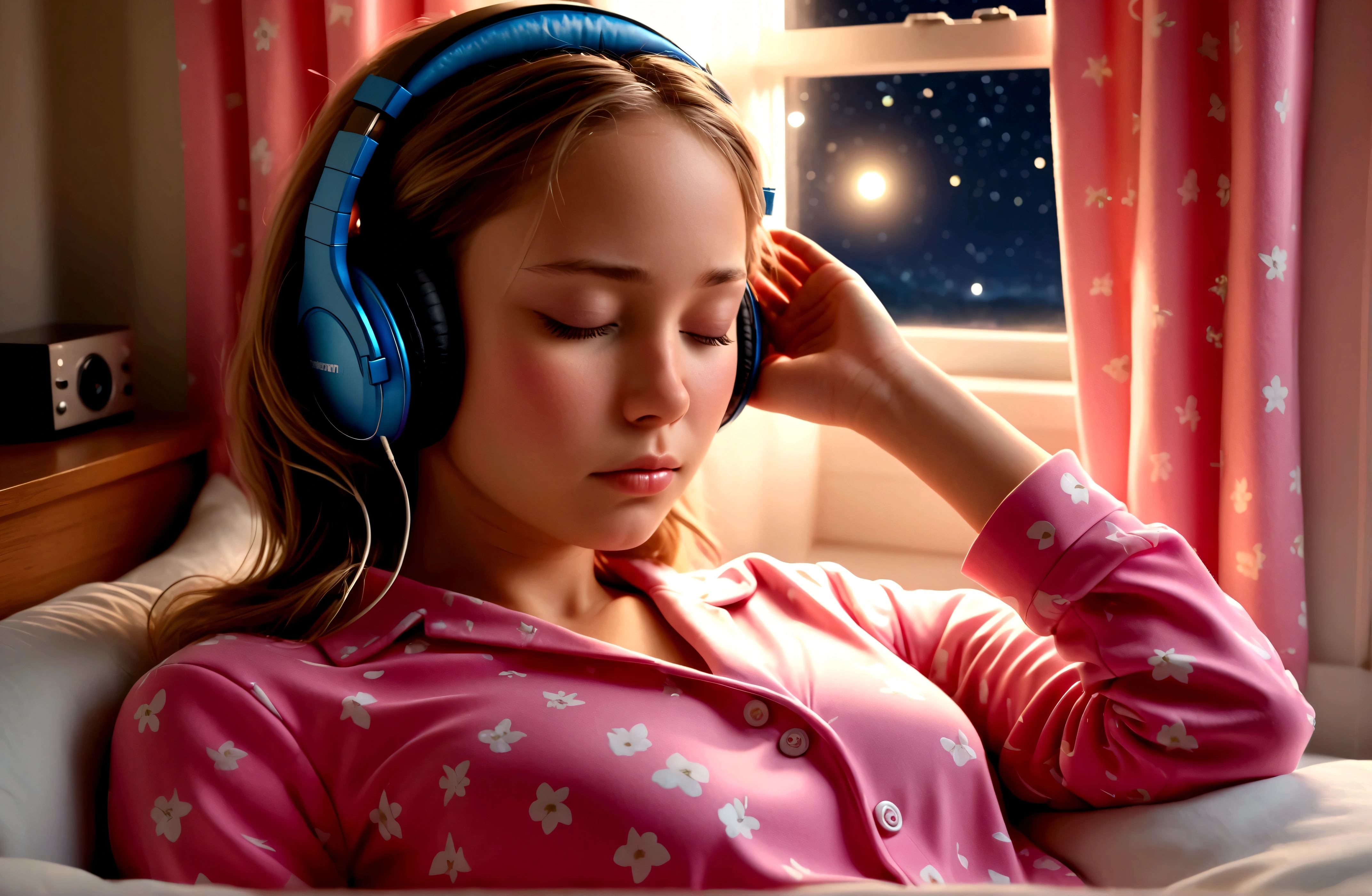 Portrait of a 1girl, eyes closed, sleeping, pink pajamas, headphones, bedroom, night, window opened, cinematic lighting, photorealistic, 8k, hyper detailed, intricate details, (best quality:1.2), (realistic:1.37), (masterpiece:1.2)