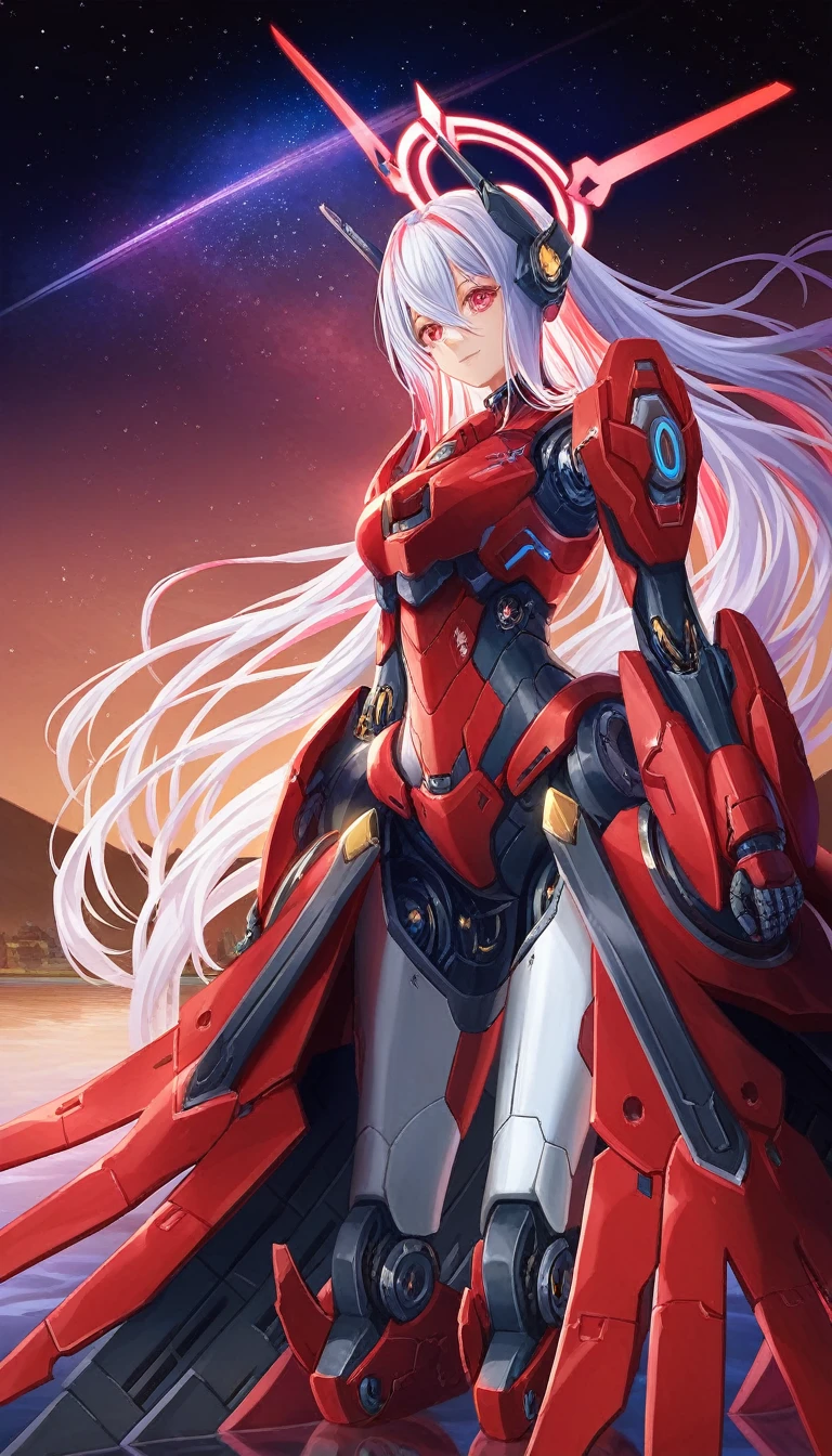 masterpiece,best quality,ultra-detailed,very detailed illustrations,extremely detailed,intricate details,highres,super complex details,extremely detailed 8k cg wallpaper,cowboy shot, caustics,reflection,ray tracing,demontheme,nebula,dark aura,cyber effect, (1girl:1.4),solo,alone,mecha musume,mechanical parts, robot joints,single mechanical arm, headgear, mechanical halo,star halo,intricate mechanical bodysuit, mecha corset, full armor, very long hair,white hair, hair between eyes, multicolored hair, colored inner hair, red eyes,glowing eye,eye trail, random expressions,random action, ancient japanese architecture,pond, starry sky,skyline, 
 
