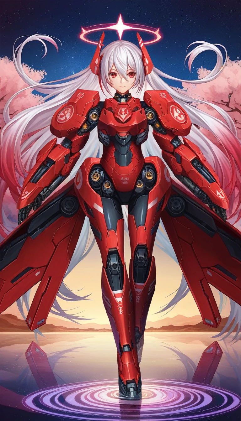 masterpiece,best quality,ultra-detailed,very detailed illustrations,extremely detailed,intricate details,highres,super complex details,extremely detailed 8k cg wallpaper,cowboy shot, caustics,reflection,ray tracing,demontheme,nebula,dark aura,cyber effect, (1girl:1.4),solo,alone,mecha musume,mechanical parts, robot joints,single mechanical arm, headgear, mechanical halo,star halo,intricate mechanical bodysuit, mecha corset, full armor, very long hair,white hair, hair between eyes, multicolored hair, colored inner hair, red eyes,glowing eye,eye trail, random expressions,random action, ancient japanese architecture,pond, starry sky,skyline, 
 