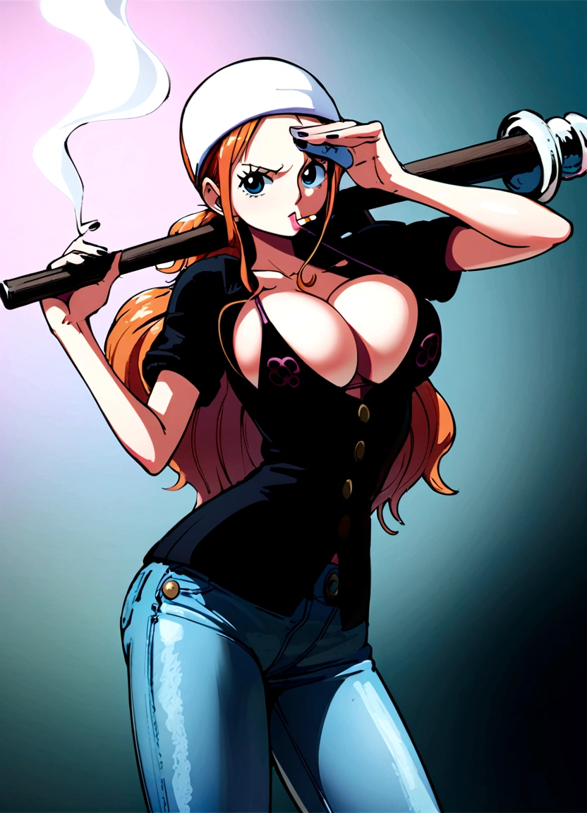 a cartoon picture of a woman in a bikini top and jeans, nami one piece, nami from one piece, nami, beautiful portrait of nami, from one piece, oppai, blue eyes, smoking, ponytail