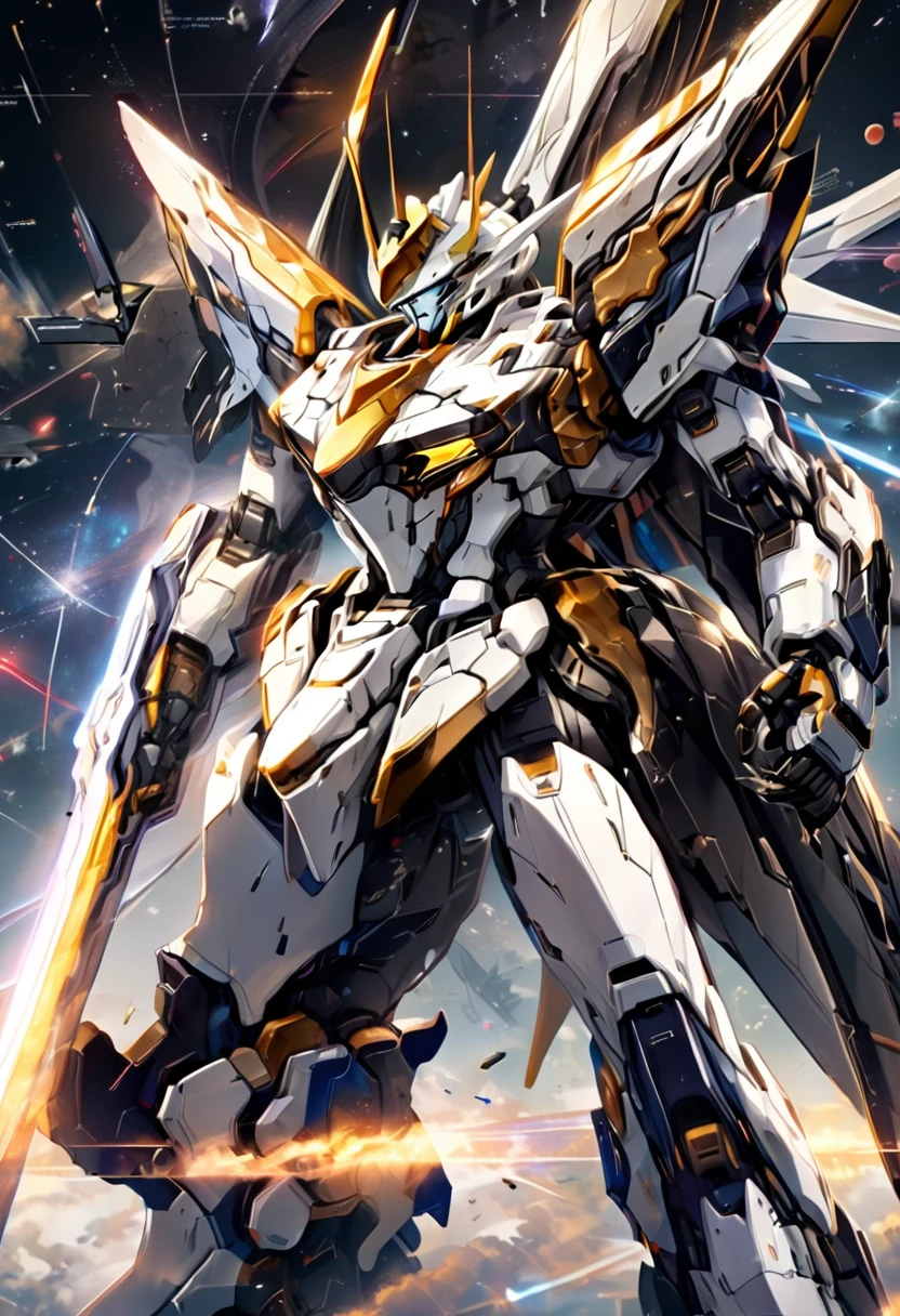universe space、Facing the enemy、Two planes are fighting、Draw the whole body、Draw two planes、They are locked in a beam sabre duel.、8 heads、Gundam、Draw a side view、Draw at the same size、One is white-based and the other is black-based