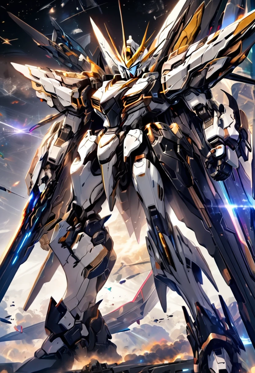 universe space、Facing the enemy、Two planes are fighting、Draw the whole body、Draw two planes、They are locked in a beam sabre duel.、8 heads、Gundam、Draw a side view、Draw at the same size、One is white-based and the other is black-based