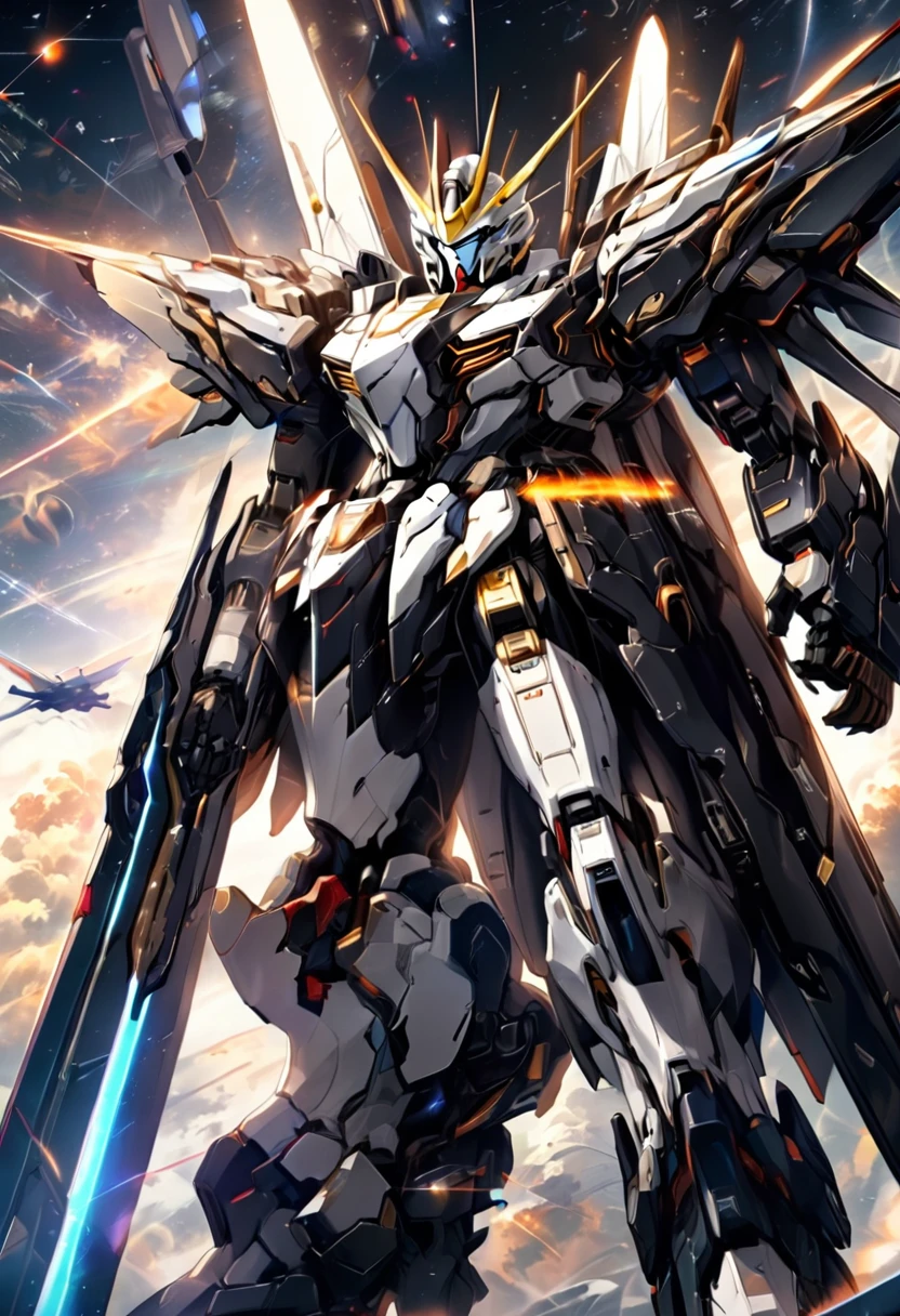 universe space、Facing the enemy、Two planes are fighting、Draw the whole body、Draw two planes、They are locked in a beam sabre duel.、8 heads、Gundam、Draw a side view、Draw at the same size、One is white-based and the other is black-based