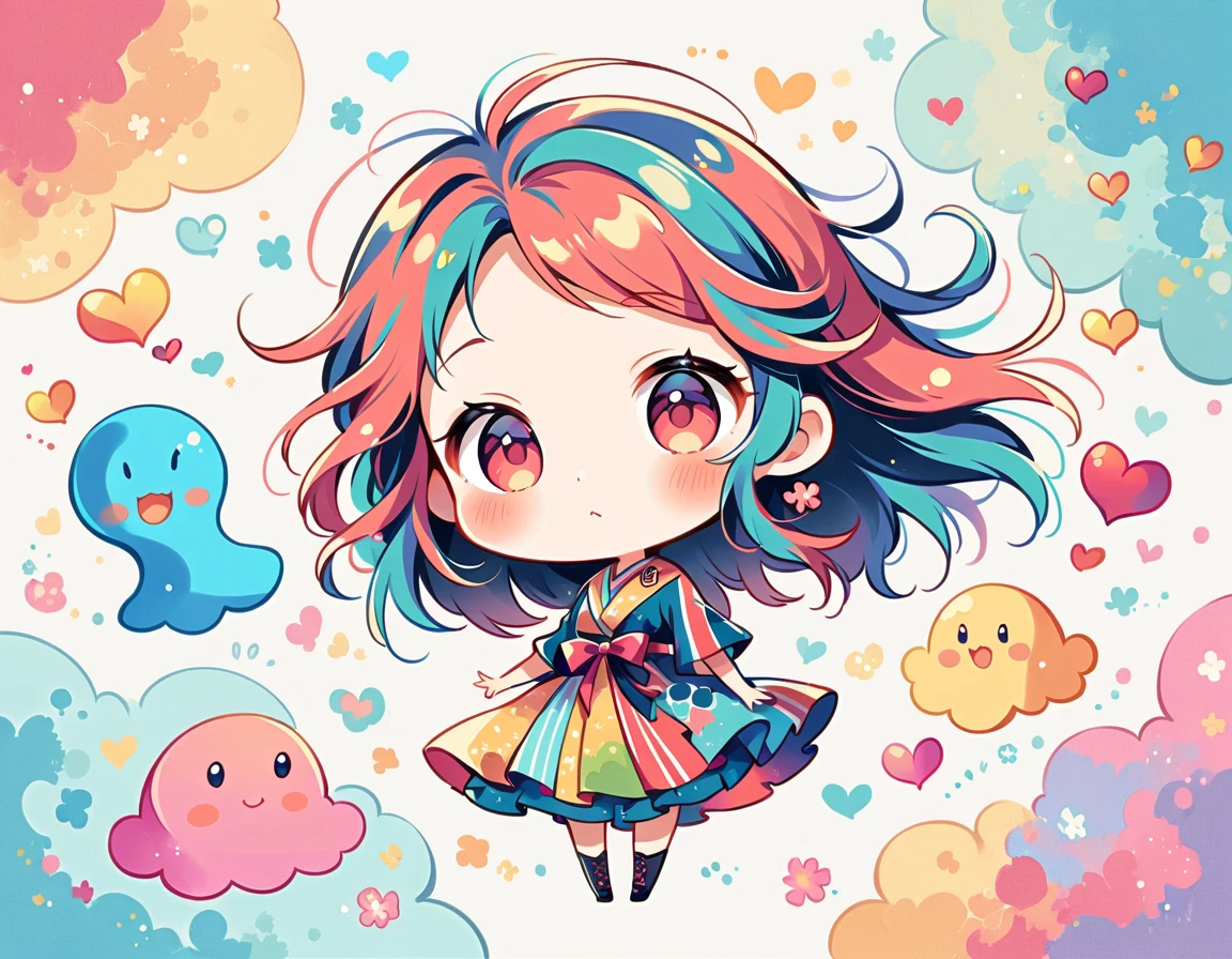 Mai Yoneyama style, Simple Line Initialism，Abstract art, colorful hearts ,(((The most beautiful girl of all time))), (((chibi))), (((Cute amoeba))), ひまわり