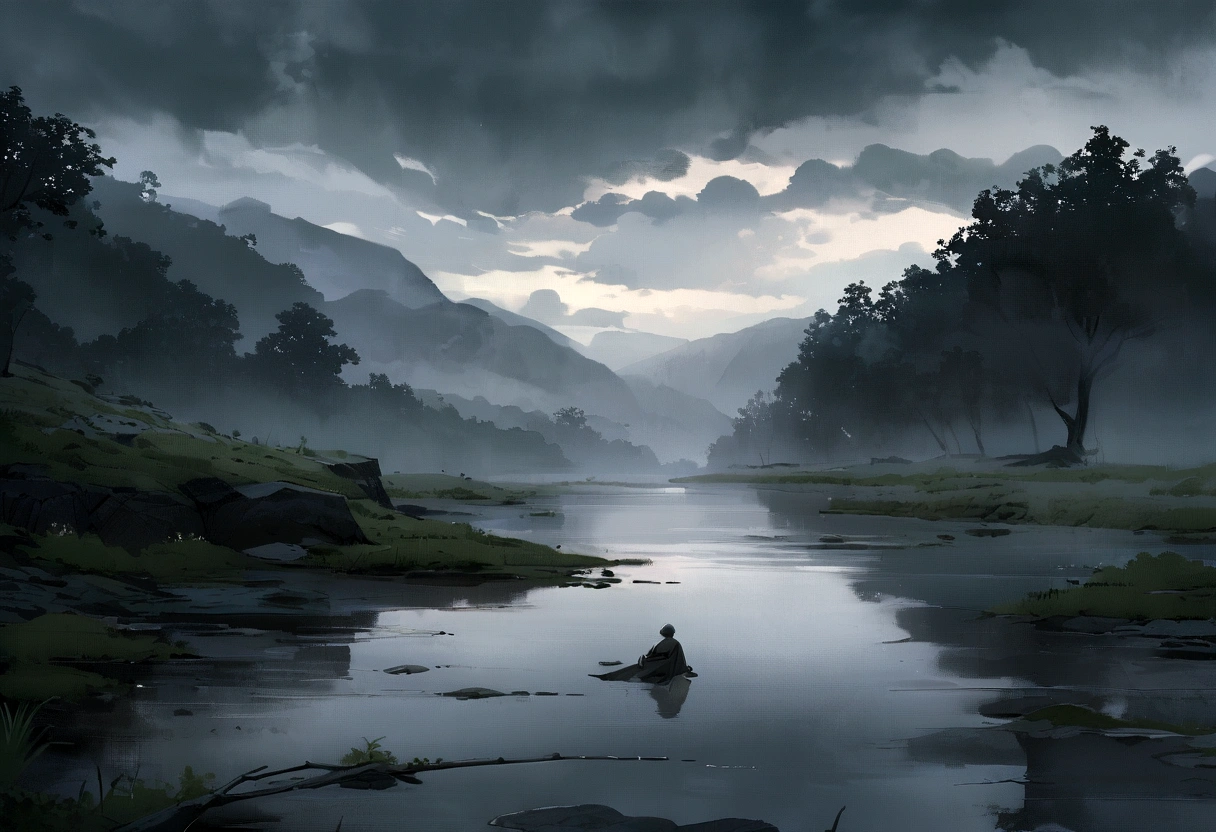 Scenes: River bank,Gloomy weather,Enshrouded by clouds。The river flows quietly,Reflecting the gloomy sky。