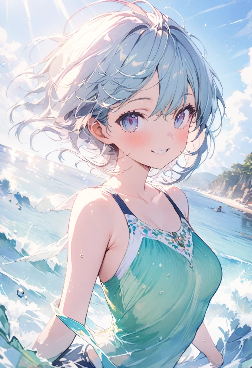 (masterpiece, best quality, highly detailed, absurdres:1.3), (1girl, cute, charming, detailed beautiful face:1.3), swim wear, smile, (fantastic illustration, beautiful detail, best quality, top quality, fain touch outline:1.3), watercolor, clear, beautiful detail, background sea, sunshine, beautiful scenery, cute illustration, anime style illustration, The touches are exquisite