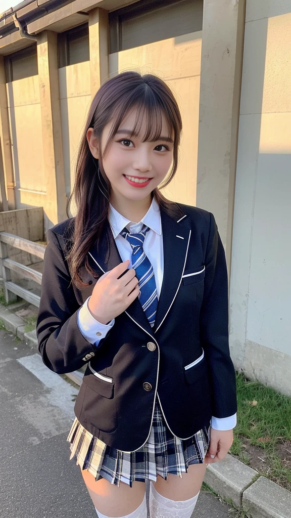 Mix 4, (16K, RAW Photos, Best image quality, masterpiece: 1.45), (Realistic, Realistic: 1.37), One Girl,Big smile ,,Duck mouth, Cityscape,, Professional Lighting, Photon Mapping, School classroom, Physically Based Rendering, Dark brown hair,Ponytail Hairstyles, Beautifully groomed eyes、((double eyelid))、Very cute girl, (((school uniform、Tartan checked blazer、Long-sleeved shirts worn by Japanese high school girls、Ribbon tie、Super miniskirt with tartan check,、white mesh panty))), Highest quality photos, High resolution, 1080P, (Clear Face), (Detailed facial depiction), (Detailed description of the hand), (masterpiece), (Detailed CG)、Extreme light and shadow、Messy Hair、masterpiece、Rich details、(Detailed facial features)、(Highest quality photos of rated muscle areas)、(Fine grain)、Look in front of you、Thin clavicle、((Thin and large))、(((Japanese high school girls wear long-sleeved shirts)))、((A real idol))、((school gate、Schoolyard、School building in the background))、Big smile、(Small breasts:1.2)、Tight little ass、Two arms and two legs、(((from the front:0.7)))、bare hands、(((Symmetrical eyes)))、Please do not remove the tie from your jacket､Beautiful thighs,Knee-high tights,Young and cute gravure idol,(big Droopy eyes, Natural Makeup、Ultra-high definition beauty face:1.35)、(Ultra high resolution perfect beautiful teeth, Mid-chest, Tight waist,toothy smile:1.15)、Use natural light and color,lity glossy red lips