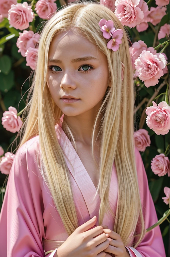A demon slayer girl with blonde hair and two scars on her left cheek and on the right with long blonde hair with pink highlights, pink eyes as pupils Flowers and a pink kimono with flowers