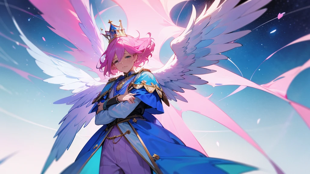 A man with pink hair and blue stars. His face was hopeless and crying. He was tall and thin, wearing a blue and pink divine outfit, blue and pink trousers, and a crown. There are white and black god wings. in mobile phone globe