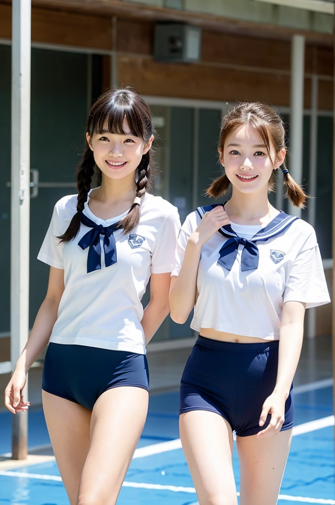girls walking in sunny wooden school classroom,white school t-shirt with blue trim,navy blue swimming briefs,18-year-old,bangs,a little smile,thighs,knees,short hair with low pigtails bunches,from beside,front light