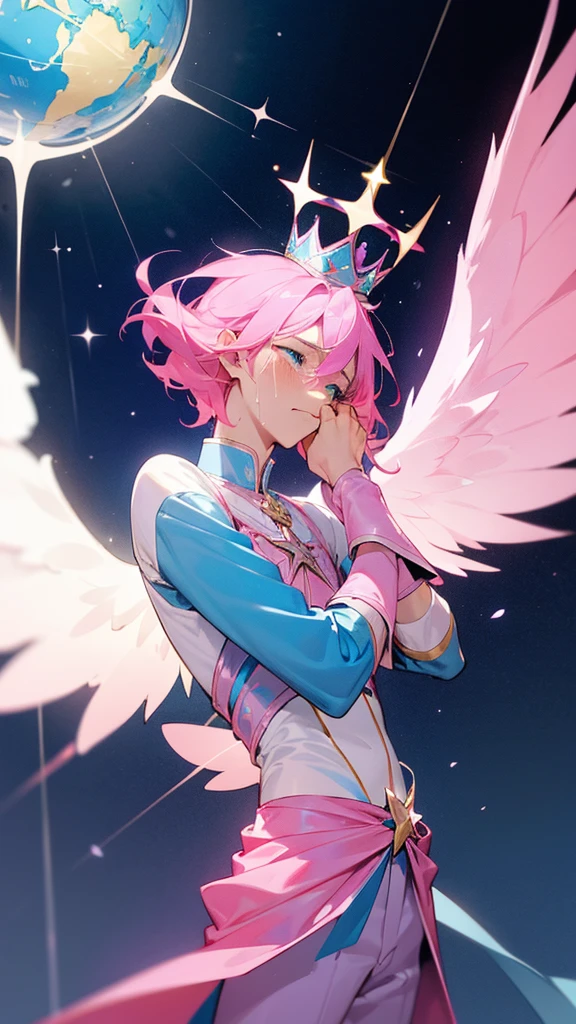 A man with pink hair and blue stars. His face was hopeless and crying. He was tall and thin, wearing a blue and pink divine outfit, blue and pink trousers, and a crown. There are white and black god wings. in mobile phone globe