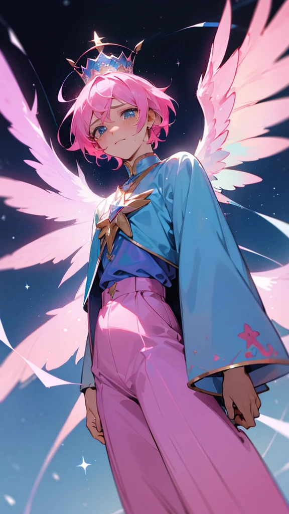 A man with pink hair and blue stars. His face was hopeless and crying. He was tall and thin, wearing a blue and pink divine outfit, blue and pink trousers, and a crown. There are white and black god wings. in mobile phone globe