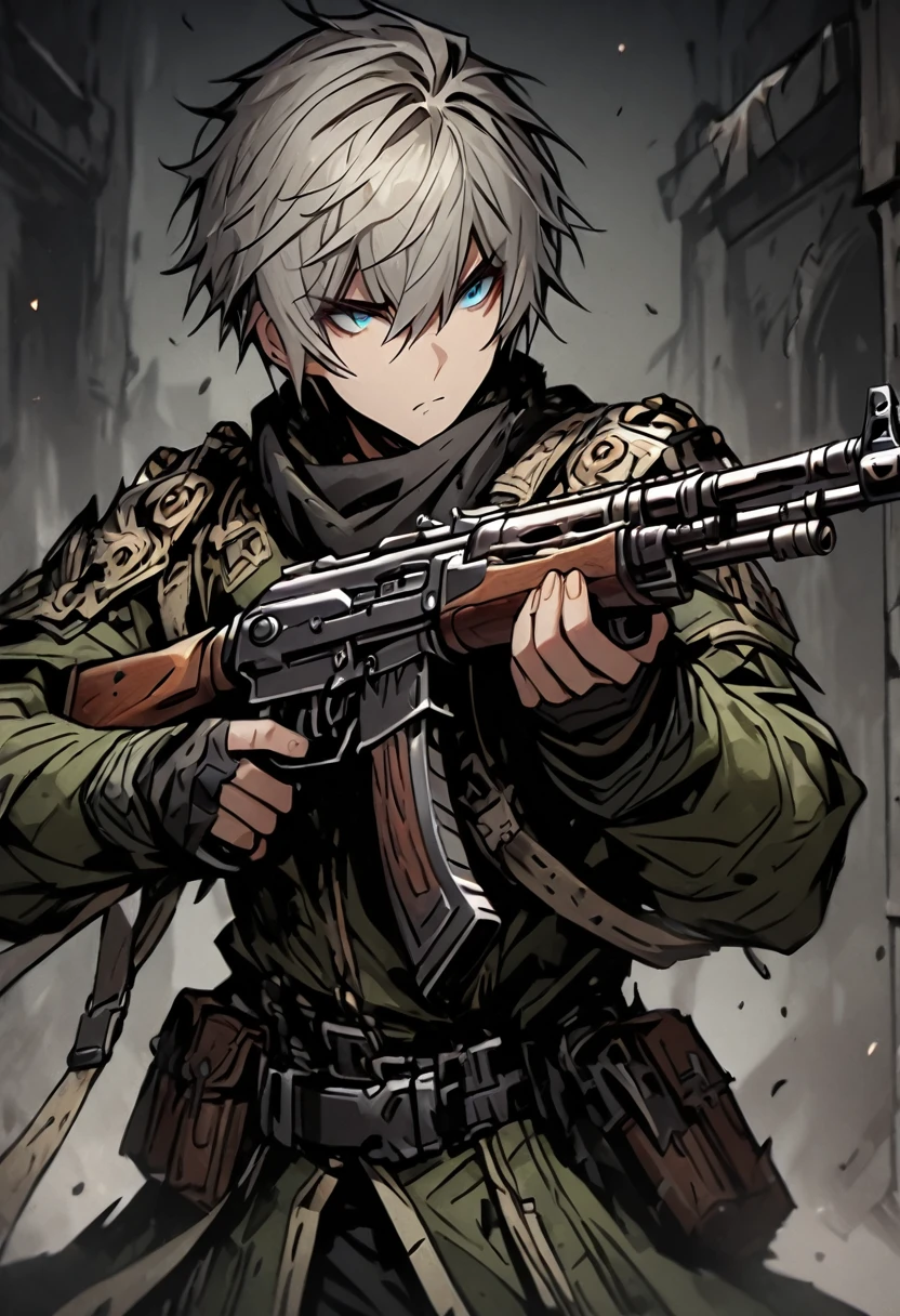 masterpiece, best quality, 1 boy, Cowboy shooting, exquisite eyes, Uniform,  AK 47, AKM, Kalashnikov_rifle, assault_rifle, Keep_gun