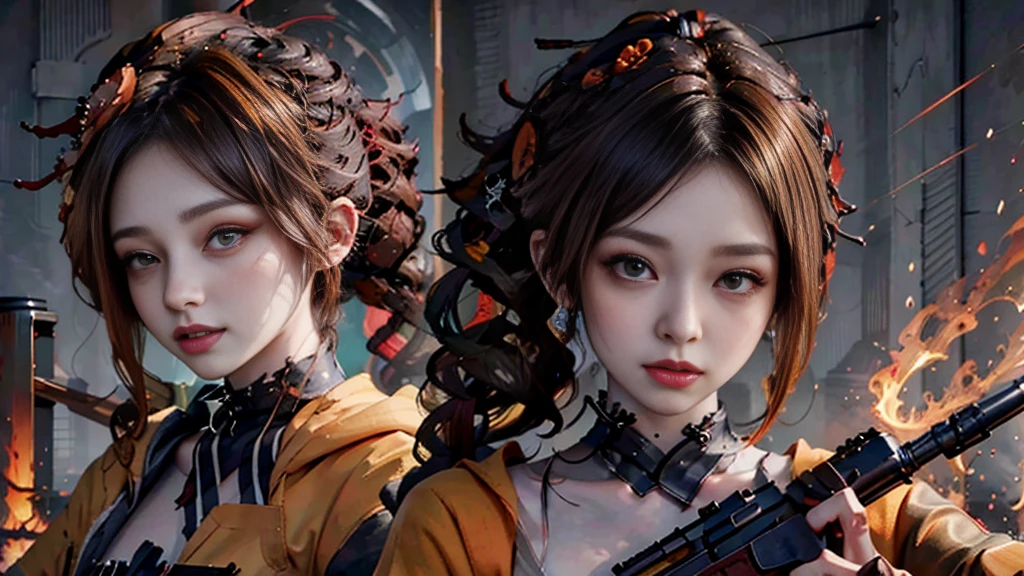 （Modify hair only、Face）Reddish-brown hair，Long curly hair，high ponytail，red headdress，red eyes，red eye，red pupils，Delicate and detailed eyes，sparkling eyes，Automatic Rifle