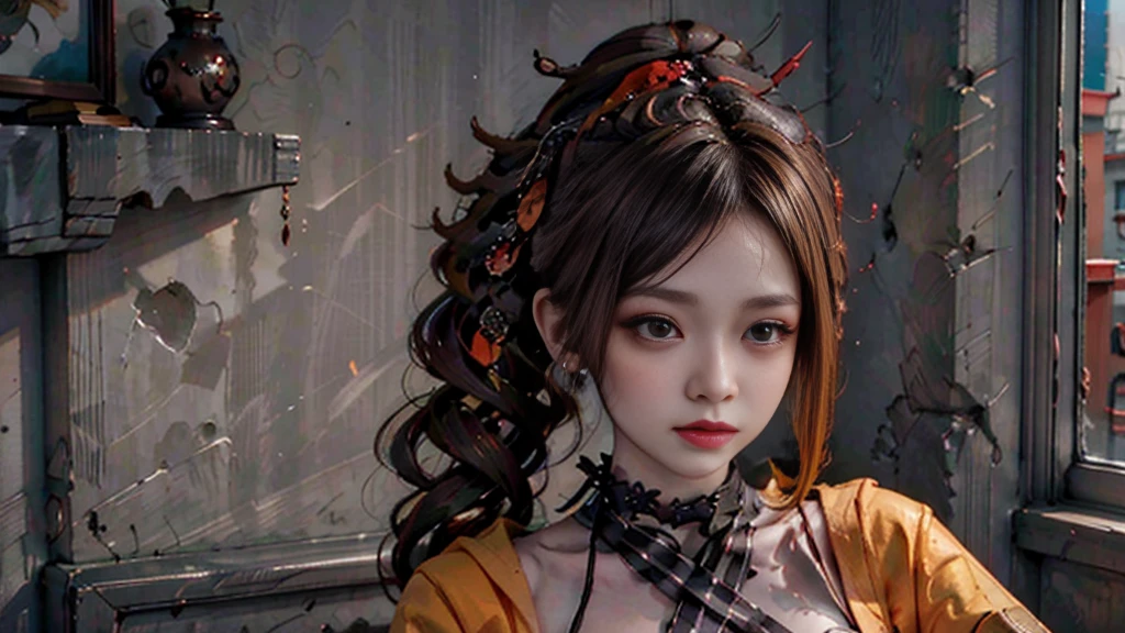 （Modify hair only、Face）Reddish-brown hair，Long curly hair，high ponytail，red headdress，red eyes，red eye，red pupils，Delicate and detailed eyes，sparkling eyes，Automatic Rifle