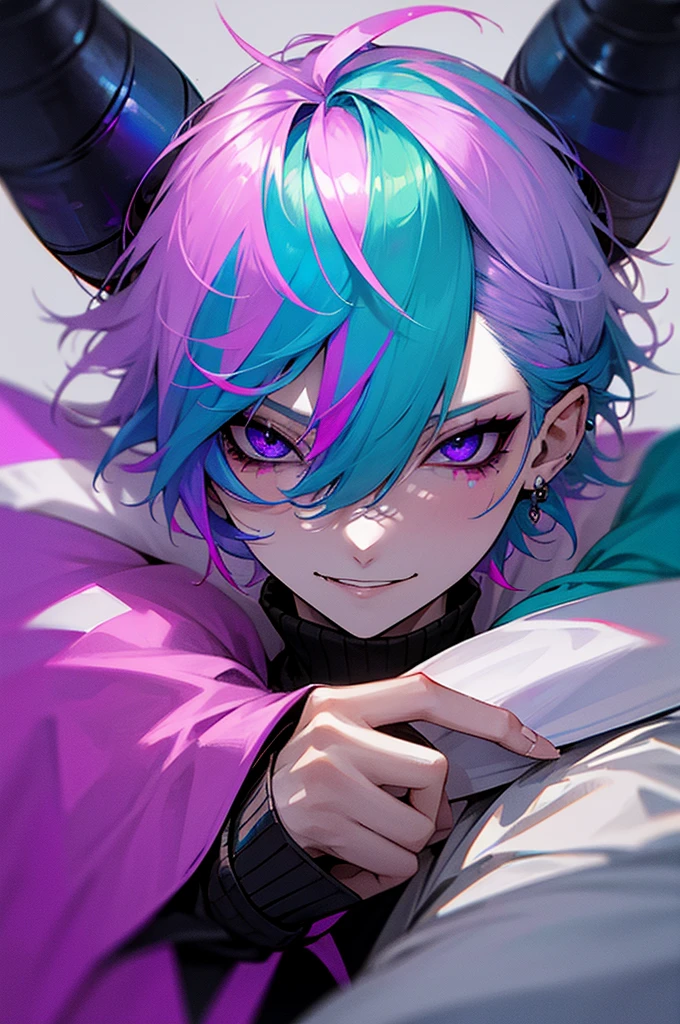 Pale skin, light blue hair, green streaks in hair, pink streaks in hair, purple streaks in hair, black eyes, birthmark on right eye, cute, pretty, umbrella, short hair, messy hair, smirking, smug, pretty, beautiful, white jacket, black turtleneck, male, evil, demonic, pink purple green and blue hair, iridescent hair, neon hair, blue hair, blue, demonic eyes, scary, horns, demon horns