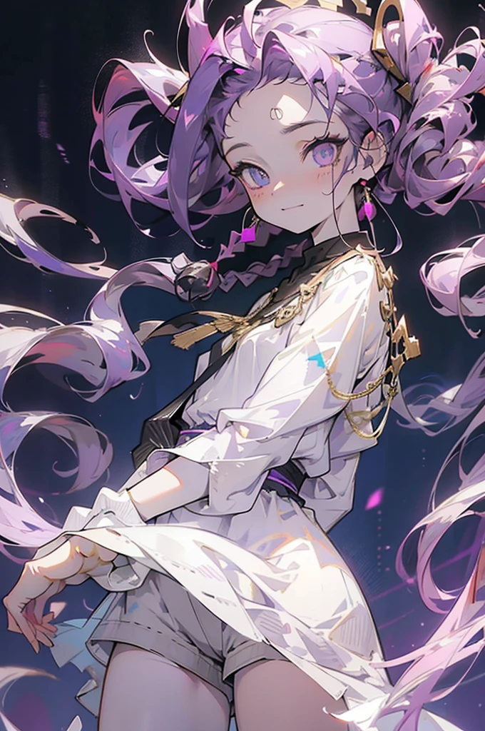 cheerful boy aristocrat open forehead. dark purple hair braided in a ponytail on the left side to one side. sinuous black horns wrapped in dark purple ribbon. pale violet eyes. in short dark purple shorts. long white T-shirt. dark purple knee-high socks. a white long robe with a hood flutters in the wind. black ancient stone walls of the castle purple light from lamps with gold ornaments, heterochromia, long curly hair, pale skin, I look at the viewer, closed mouth, bright smile, Beautiful, extremely detailed eye, Absolutely amazing art, extremely detailed, Digital art of the highest quality, full length, old piano, ancient walls of a stone castle