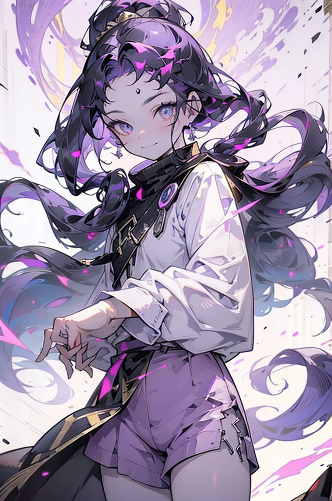 cheerful boy aristocrat open forehead. dark purple hair braided in a ponytail on the left side to one side. sinuous black horns wrapped in dark purple ribbon. pale violet eyes. in short dark purple shorts. long white T-shirt. dark purple knee-high socks. a white long robe with a hood flutters in the wind. black ancient stone walls of the castle purple light from lamps with gold ornaments, heterochromia, long curly hair, pale skin, I look at the viewer, closed mouth, bright smile, Beautiful, extremely detailed eye, Absolutely amazing art, extremely detailed, Digital art of the highest quality, full length, old piano, ancient walls of a stone castle