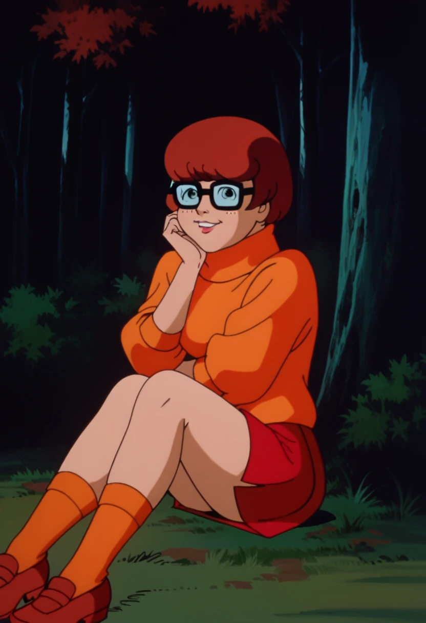 score_9, score_8_up, score_7_up, zPDXL, sd90style, retro artstyle, source_cartoon, 2D, 1girl, velmadinkley , glasses, turtleneck sweater, dark background, forest, looking at viewer, red skirt, orange socks, sitting on grass, smiling, shy, spread legs, Orange panties, cameltoe, happy face, hands on knees,