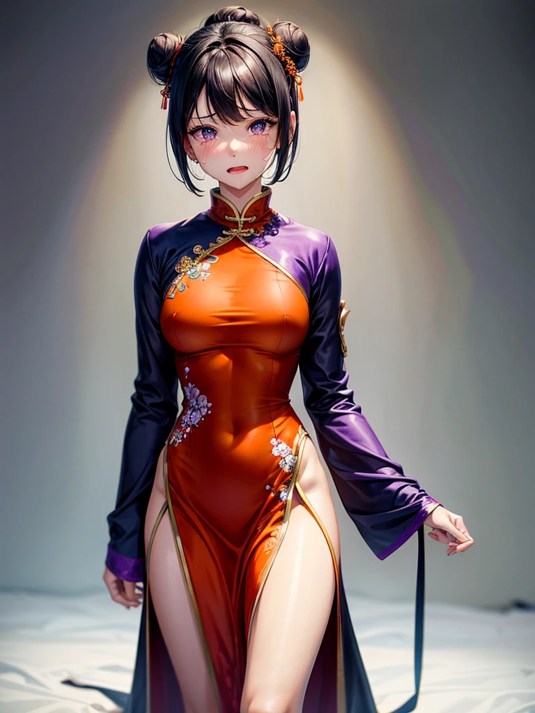 Highest Resolution,Highest quality,１People Girls,beautiful girl,Full body close-up,The body is frontal,looking at the camera,Standing posture,Crying face,Tears,Stringy saliva,Open your mouth,Sticking out tongue,Saliva,Tears overflow,Dripping a lot of saliva,Drooling,Dimly lit room,Orange lighting,,Purple Chinese Dress,Muscle Exposure,Bun Hair,Black Hair,short hair,