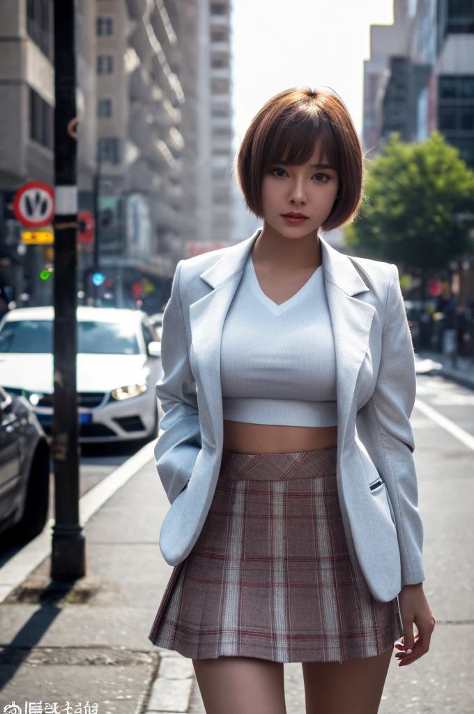 a 19 year old face of the most beautiful actress in the world, the very short hair cut for a female, the perfect body proportions of a female, tight blazer is worn on blouse of a female upper body, panties between bare legs are almost seen thanks to skirt is too short, standing, at city street, large breasts of a female, nsfw, best quality, highly detailed, masterpiece, ultra high res, photo realistic, 8k