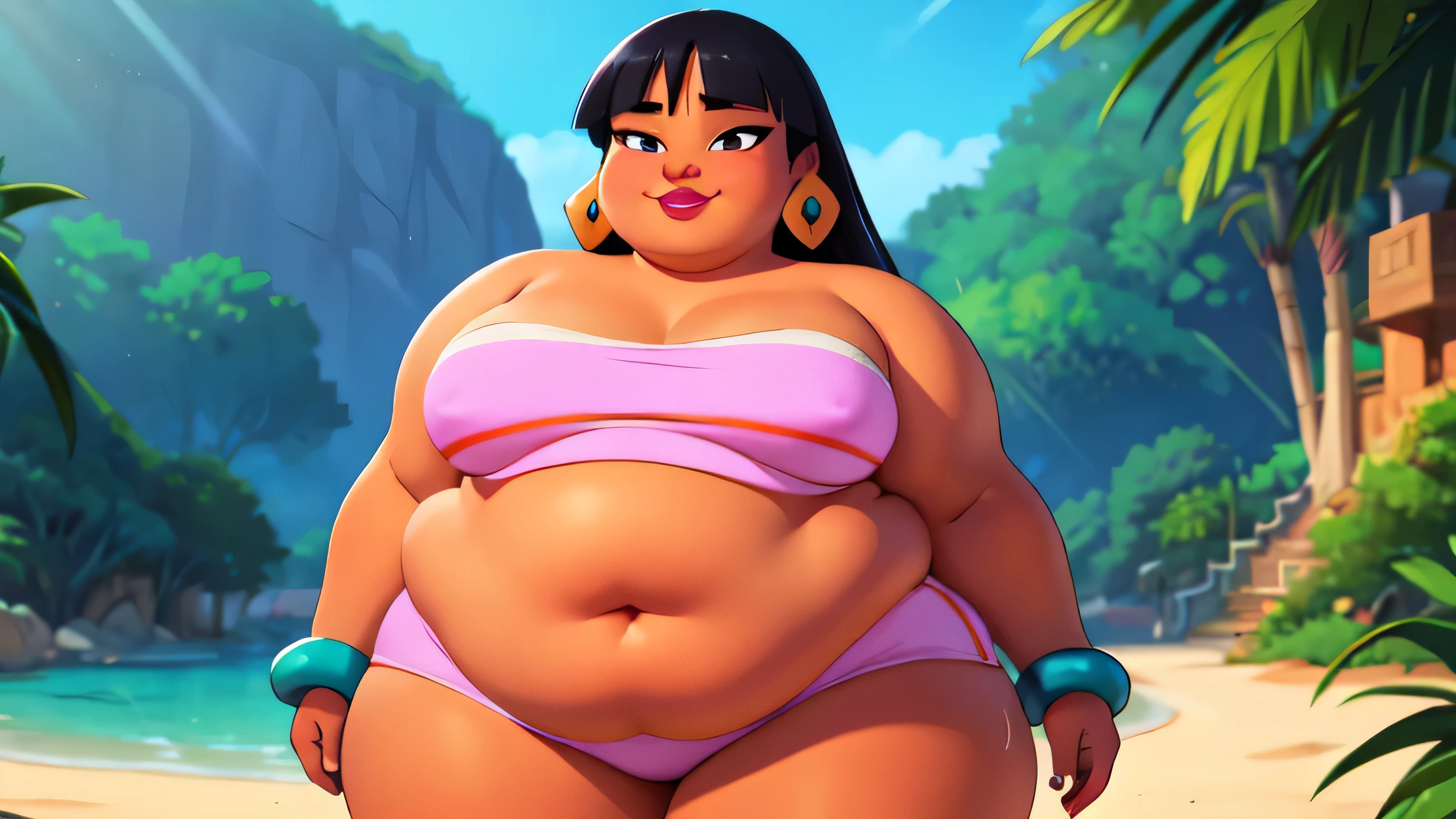 (work of art:1.2, best qualityer:1.2), soft ambient lighting, perfect lighting, 1 girl, standing alone, Chel, Bblack hair, long hair, rhombus stripe, eyes browns, darkskin, lipstick, breasts big, Broad Hips, top of the tube, neckleace, bared shoulders, emerald earrings, emerald bracelets, looking at the camera with a smug expression on his face, beach background, very large body, fat belly rolls, big breasts, sexy smile, fat arms, thunder thighs, super fat, looking at viewer, wet clothes, sweating very hard, sexy looking, blob