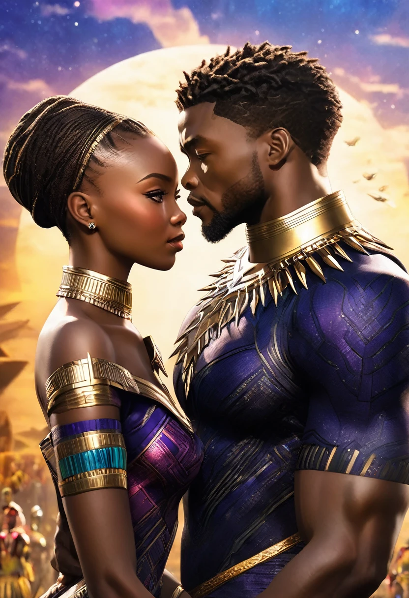 A vivid detailed masterpiece depicting different very beautiful handsome male and female couples of and from Wakanda in striking clear crisp sharper richer brilliant bright vivid details