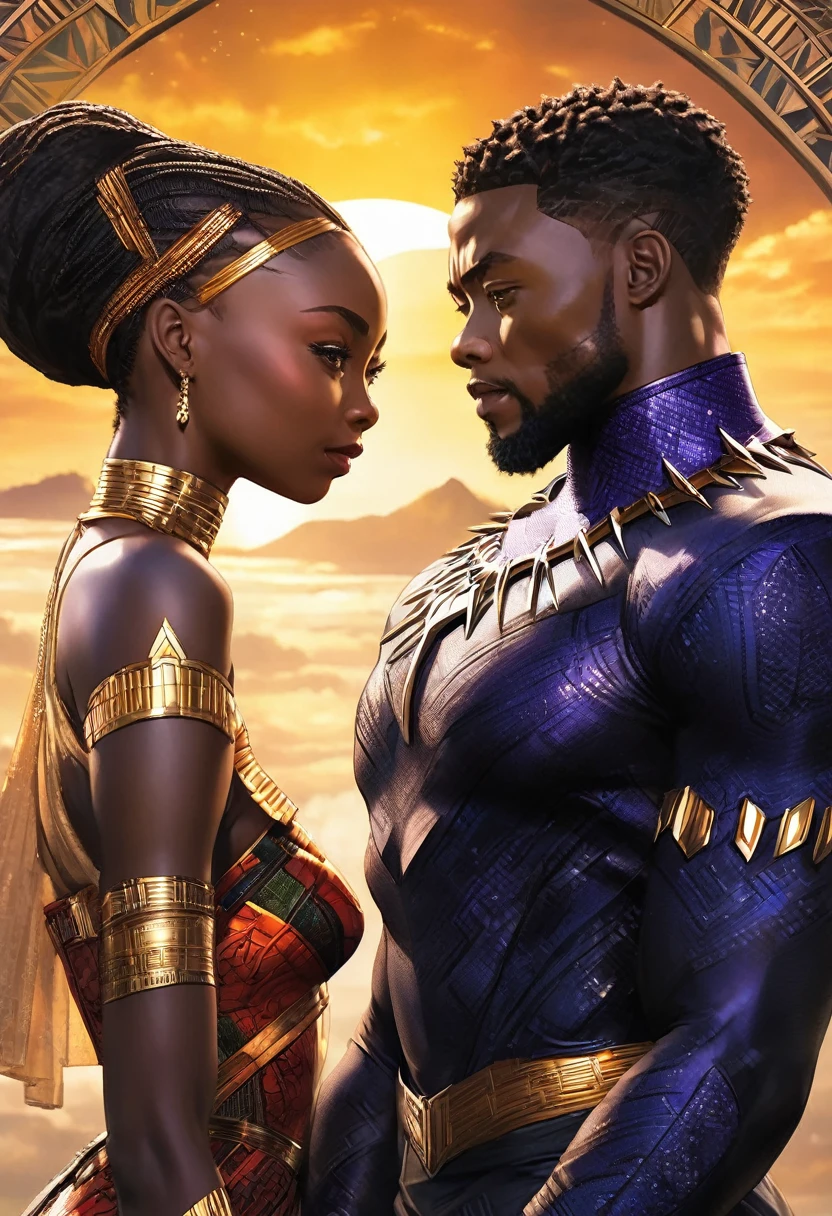 A vivid detailed masterpiece depicting different very beautiful handsome male and female couples of and from Wakanda in striking clear crisp sharper richer brilliant bright vivid details
