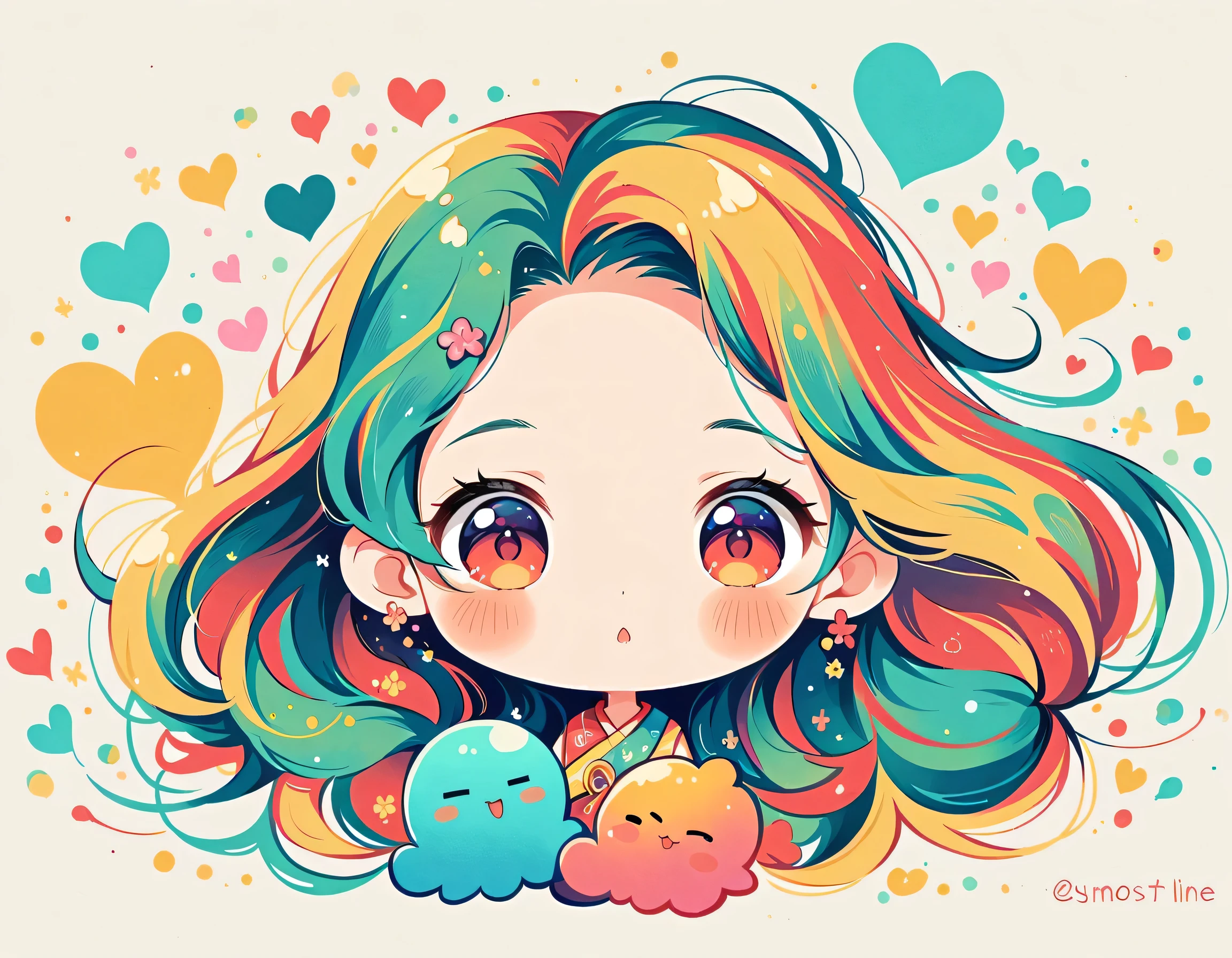 Mai Yoneyama style, Simple Line Initialism,Abstract art, colorful hearts ,(((The most beautiful girl of all time))), (((chibi))), (((Cute amoeba))), ひまわり