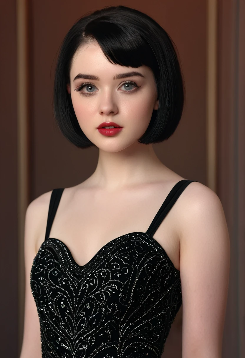 a young pale-skinned beautiful woman, 18 years old, short black hair wearing a tight-fitting sensual dress, evening dress, perfect body, detailed face, beautiful eyes, long eyelashes, intricate makeup, (best quality,4k,8k,highres,masterpiece:1.2),ultra-detailed,(realistic,photorealistic,photo-realistic:1.37),dramatic lighting,cinematic,award winning photo