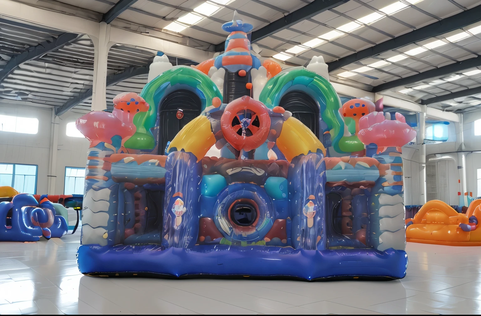Air mold,Inflatable rides,Inflatable Castle for children,Robot Factory,The city of the future,8K smooth,Ultra High Definition,Lunar landscape,C4D rendering,sleek,Elegant,The colour is bright,An 8-meter long and 5-meter wide children's play equipment air model,inflatables,castle,A sense of technology