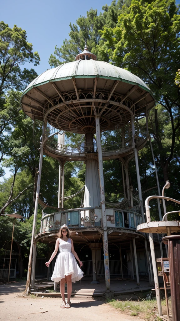 An abandoned amusement park reclaimed by nature, with rusting roller coasters and carousels frozen in time. There is a mysterious figure of a woman dressed in white standing near the abandoned ride.