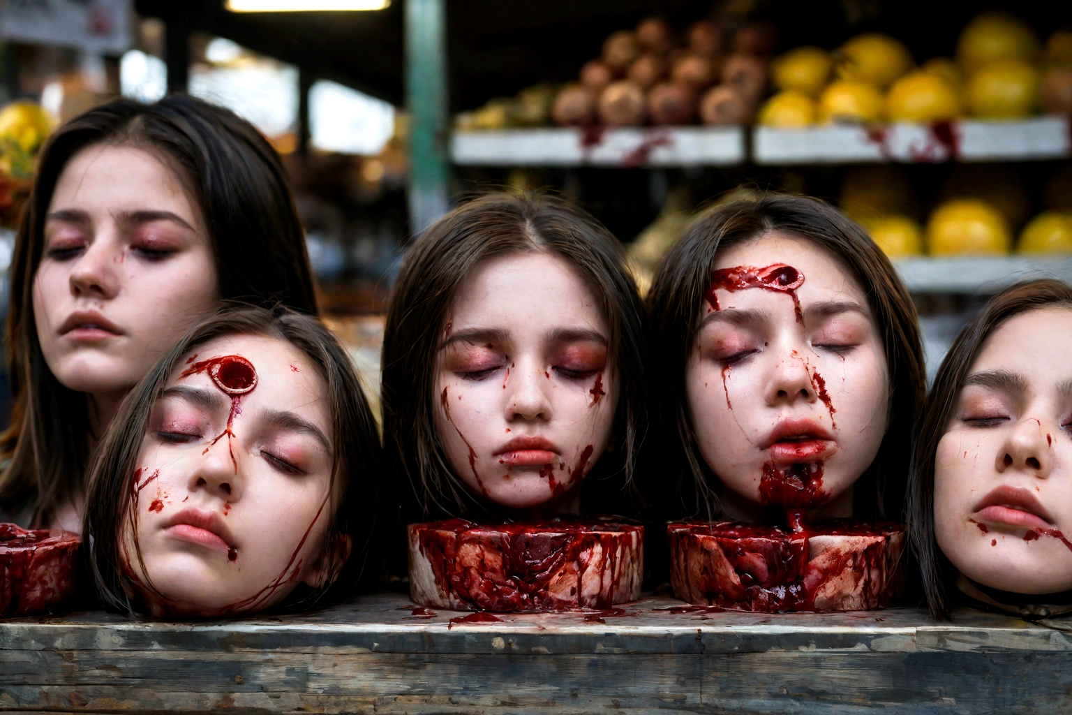 Several decapitated heads of girls, on a table, in a public market, full of blood, ((eyes closed)), bleeding, photorealistic, 4K, Nikon, horror, public market