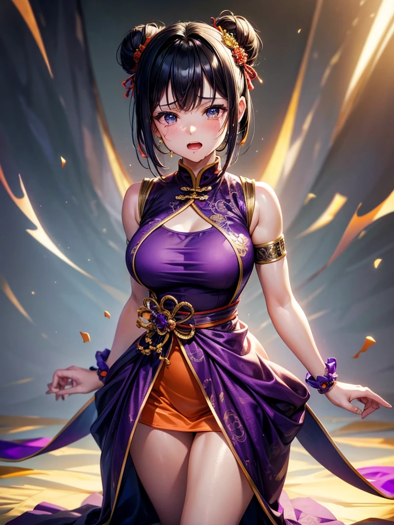 Highest Resolution,Highest quality,１People Girls,beautiful girl,Full body close-up,The body is frontal,looking at the camera,Standing posture,Crying face,Tears,Stringy saliva,Open your mouth,Sticking out tongue,Saliva,Tears overflow,Dripping a lot of saliva,Drooling,Dimly lit room,Orange lighting,,Purple Chinese Dress,Muscle Exposure,Bun Hair,Black Hair,short hair,