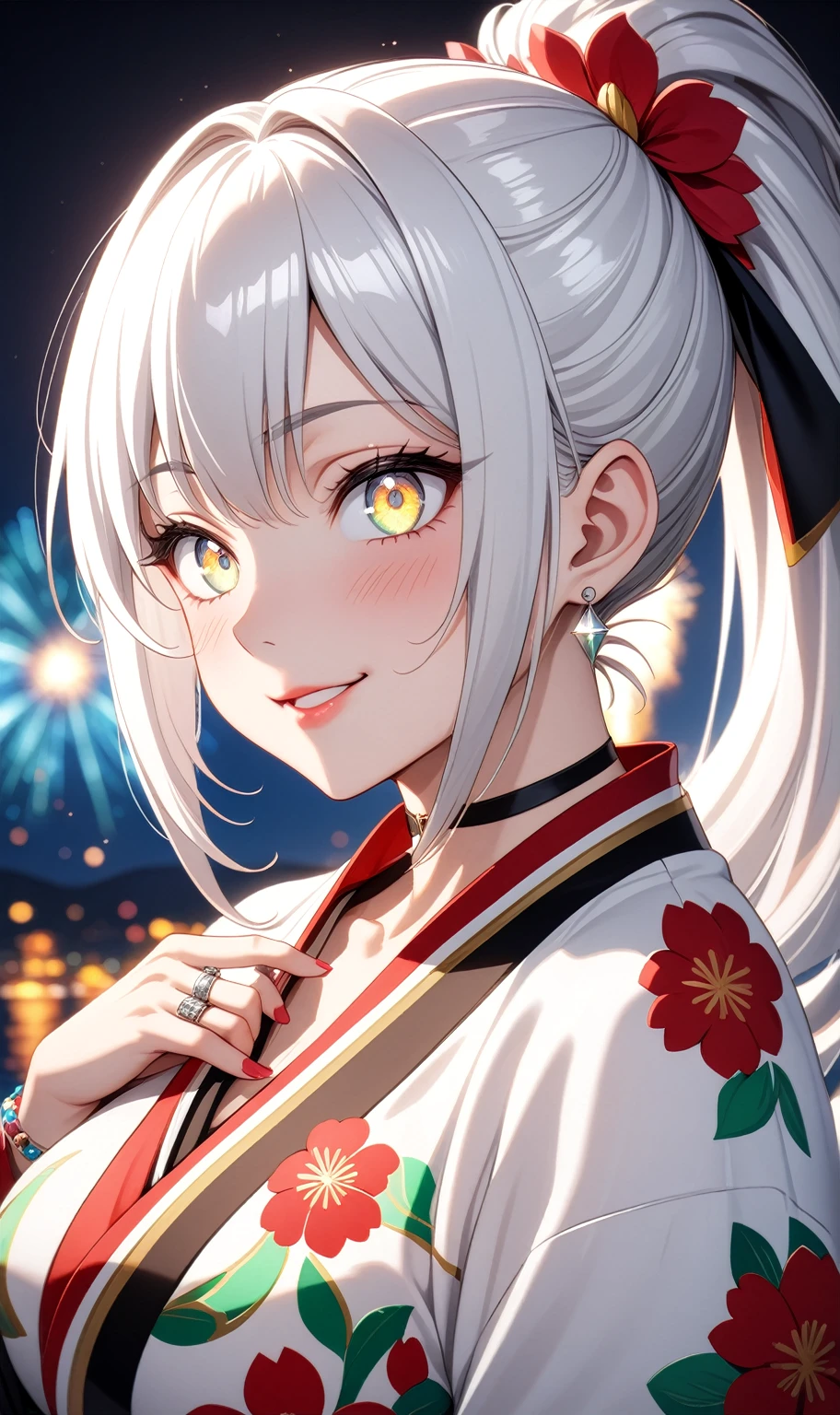 ((One personの女性)), Beautiful Face, (embarrassed), (smirk), ((Wink:1.8)), Laugh with your mouth wide open,((Bright red cheeks:1.4)),Shiny red lips,night,横浜のnight景,You can see the ocean, firework,,Glossy pink lips,Facial lighting,((Anime style background)),masterpiece, Highest quality, so beautiful,up to date, Complex details, (Pink long nails),  (ring),(bracelet),(choker),AI-generated, Complex,High resolution, Highest quality, super high quality,3D Images、3D Images,One person,Long white hair,High Ponytail,(Pale eyes),Anime woman posing for a photo, ((Fine grain、Silvery white colorful eyes、Shining Eyes:1.3)),(Squint your eyes:1.1),a hyperRealistic , hyperRealistic , Realistic,Anime woman with long white hair, Smooth anime CG art, A woman in a colorful kimono with gold embroidery, (Black long sleeve kimono),Red floral pattern,Long flower hair ornament,Earrings,Mature Body,(???????????:1.1),Tall,Abdominal muscles,Narrow waist,(Zoom up to face:1.5), ((from side)),
