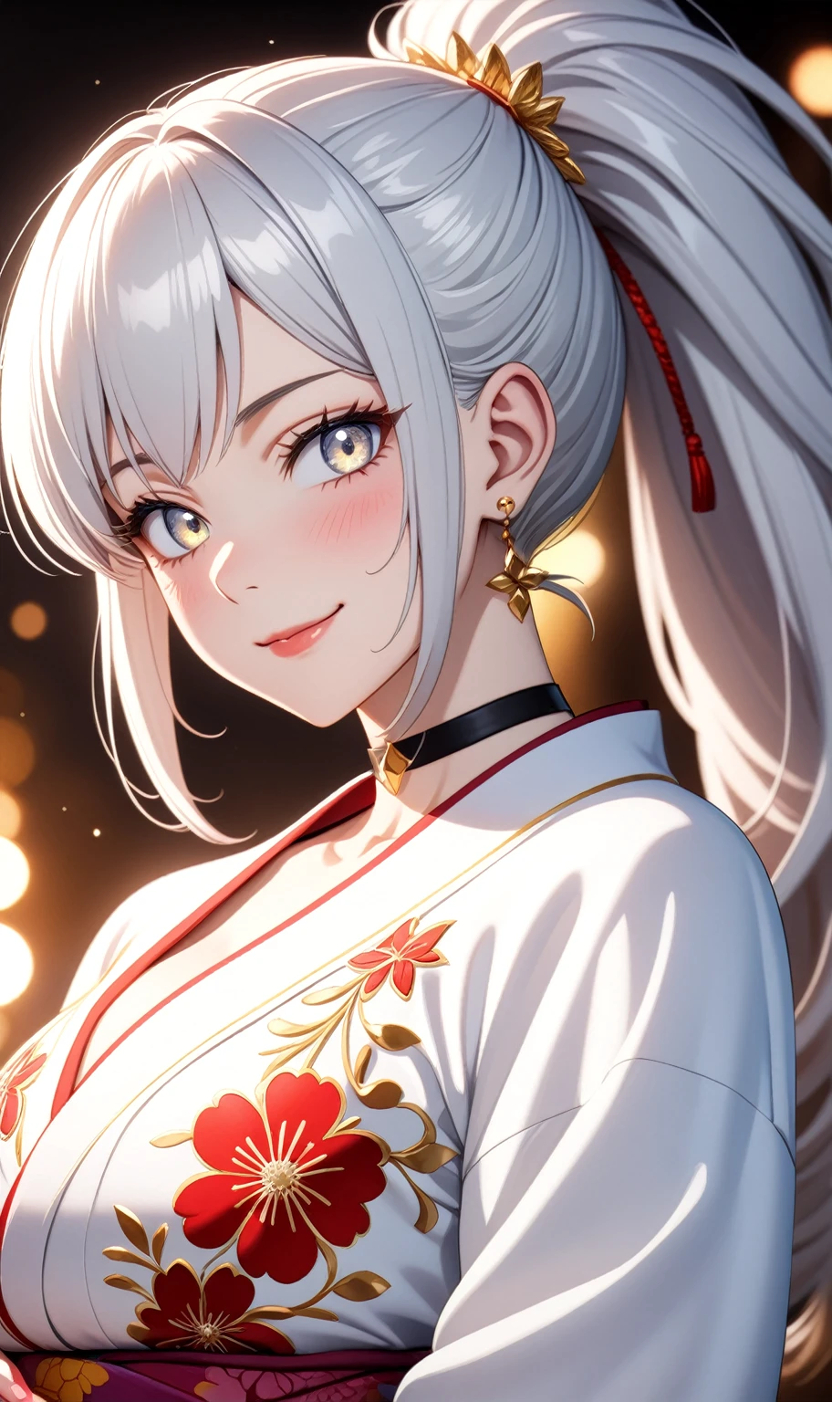 ((One personの女性)), Beautiful Face, (embarrassed), (smirk), ((Wink:1.8)), Laugh with your mouth wide open,((Bright red cheeks:1.4)),Shiny red lips,night,横浜のnight景,You can see the ocean, firework,,Glossy pink lips,Facial lighting,((Anime style background)),masterpiece, Highest quality, so beautiful,up to date, Complex details, (Pink long nails), (ring),(bracelet),(choker),AI-generated, Complex,High resolution, Highest quality, super high quality,3D Images、3D Images,One person,Long white hair,High Ponytail,(Pale eyes),Anime woman posing for a photo, ((Fine grain、Silvery white colorful eyes、Shining Eyes:1.3)),(Squint your eyes:1.1),a hyperRealistic , hyperRealistic , Realistic,Anime woman with long white hair, Smooth anime CG art, A woman in a colorful kimono with gold embroidery, (Black long sleeve kimono),Red floral pattern,Long flower hair ornament,Earrings,Mature Body,(Big Breasts:1.1),Tall,Abdominal muscles,Narrow waist,(Zoom up to face:1.5), ((from side)),